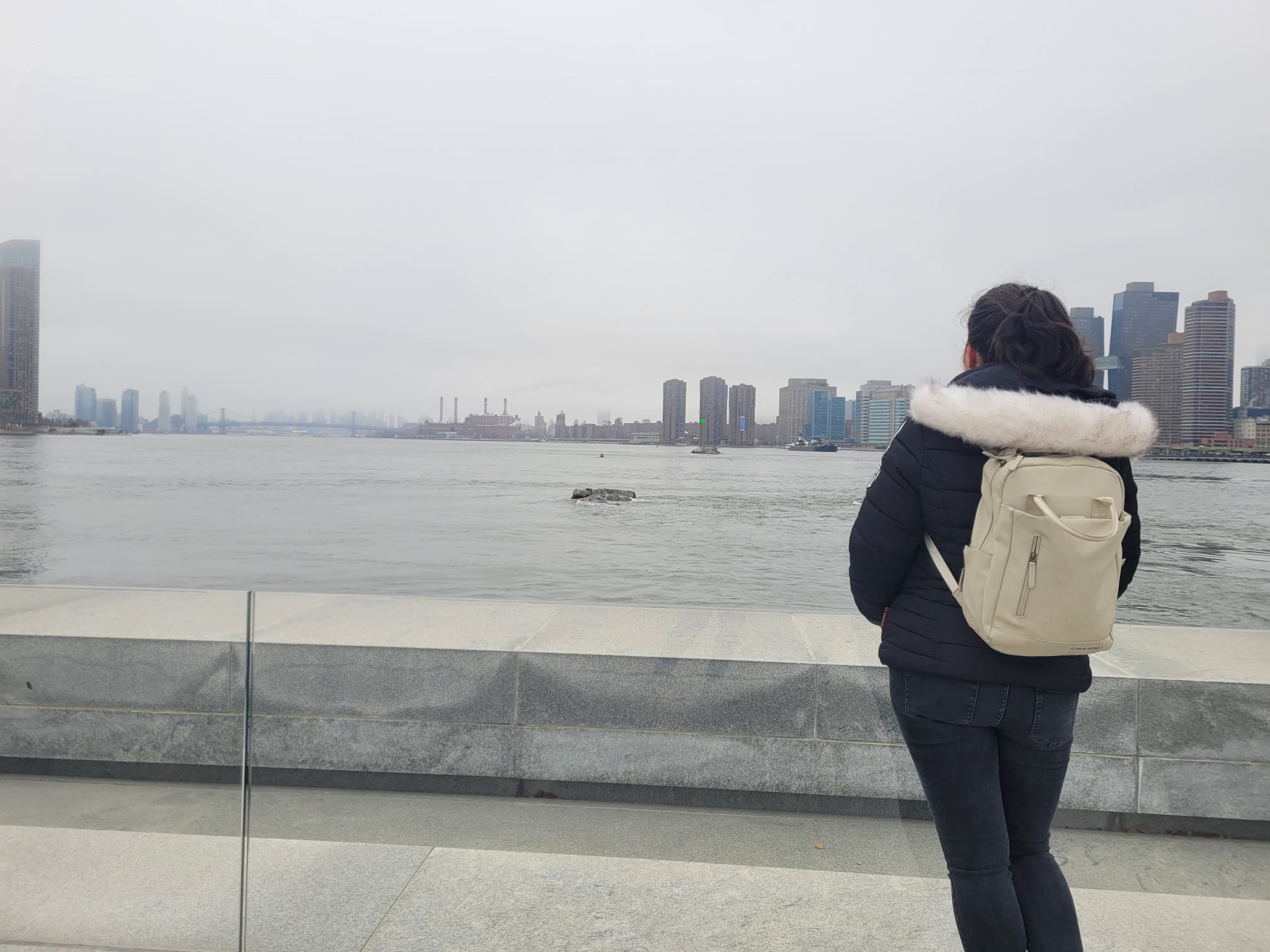 me looking to the manhattan skyline from roosevelt island